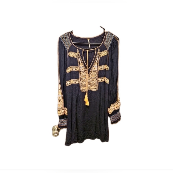 Free People Wind Willow Boho Embroidered Tied Neck Tunic Dress  Small‎ Festival - Picture 2 of 9